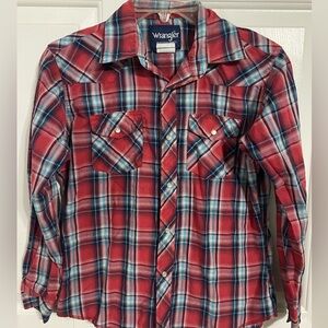 Wrangler Red and Blue Plaid Button Down Shirt. Pearl snap buttons
